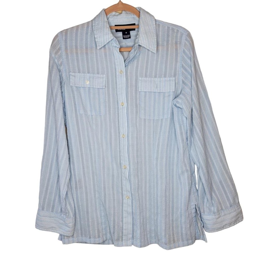 Jones New York Powder Blue Rolled Sleeve Sheer Searsucker Blouse Women Size M